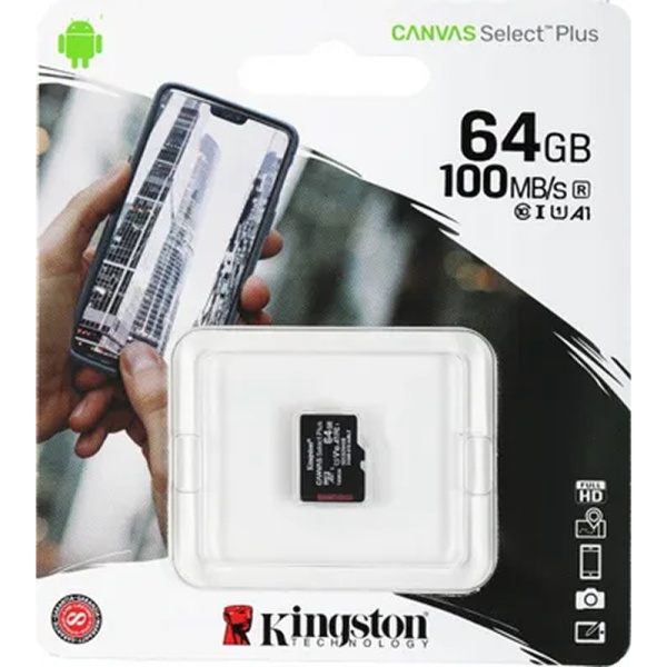Карта памяти Kingston Canvas Select 80R micro SDXC 64GB + SD Adapter cl10, A1, UHS cl3, video cl30